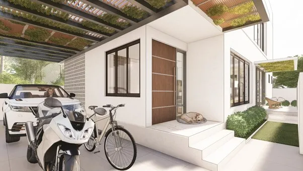 Spanish House Design showing a modern foyer with covered parking, landscaped entry, and open outdoor space