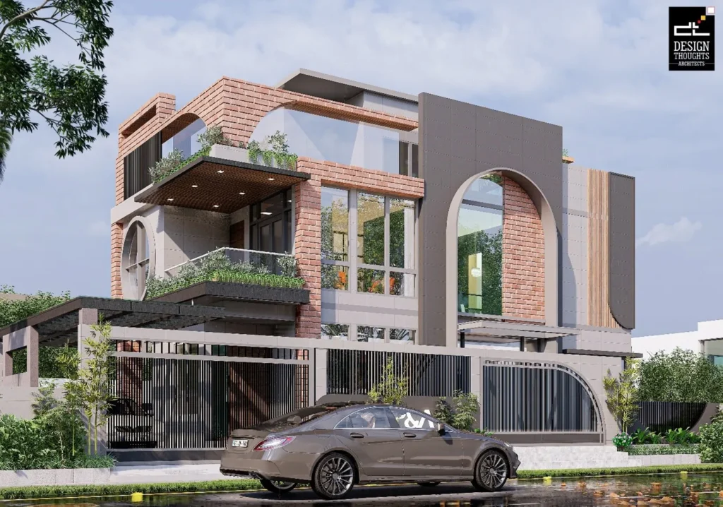Spanish House Design showing a modern villa front view with brick arches, glass windows, balconies, and landscaped exterior