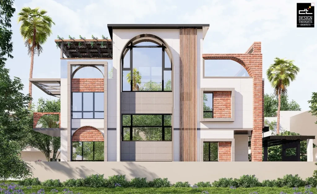 Spanish House Design showing side elevation with brick arches, large windows, vertical wooden details, and landscaped exterior
