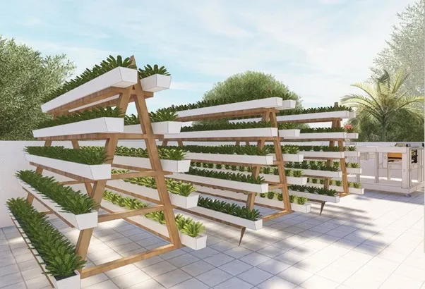 Spanish House Design showing terrace garden planters with greenery, open terrace space, and sustainable home design features