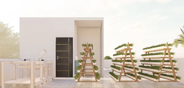 Spanish House Design showing a terrace garden with planter stands, open terrace space, and sustainable home design features