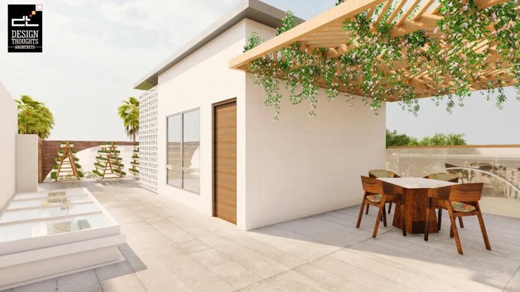 Spanish House Design showing terrace seating with pergola, greenery, planter area, and open outdoor space