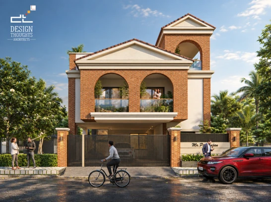 Completed 3D architectural render showing front elevation and compound wall design