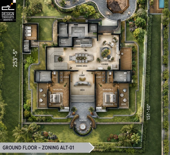 Architectural floor plan showing functional zoning and room layouts for a modern residential home