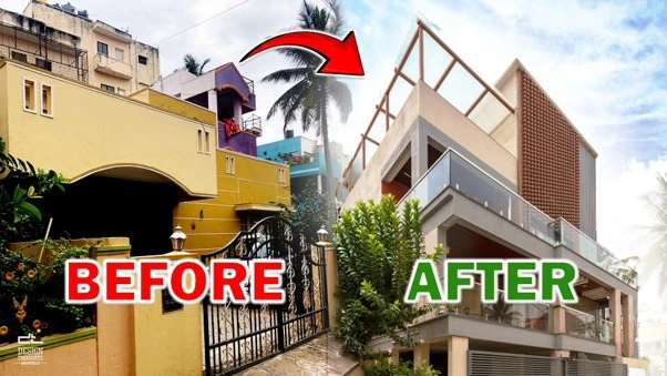 Architectural layout comparison showing site progress and a homeowner reviewing design changes on site