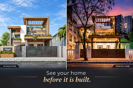 3D elevation and completed home by Design Thoughts Architects