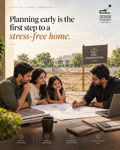 Family discussing home construction plans with residential architects in Bangalore